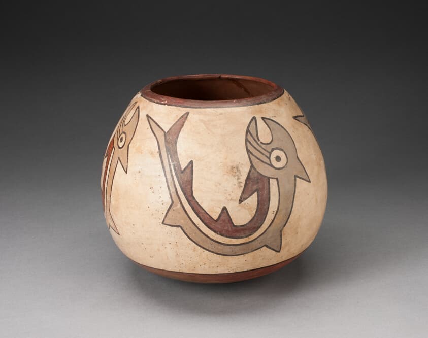 Rounded Jar Depicting Abstract Fish or Sharks