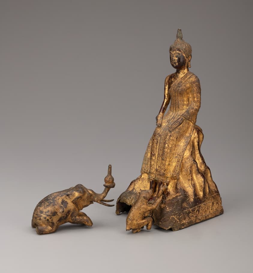 Enthroned Buddha with Elephant and Monkey Paying Homage