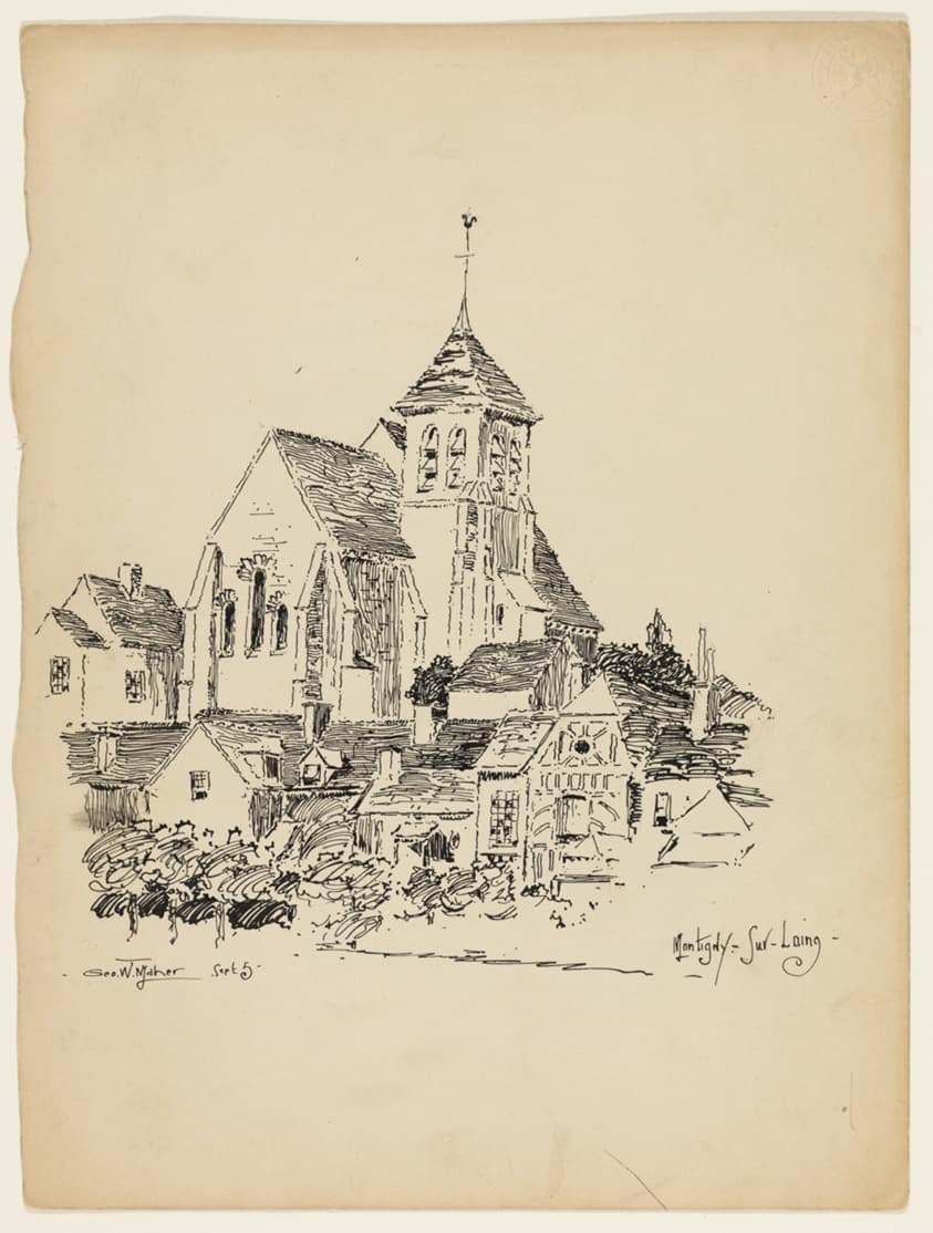 Church at Montigny-Sur-Loing, France, Travel Sketch