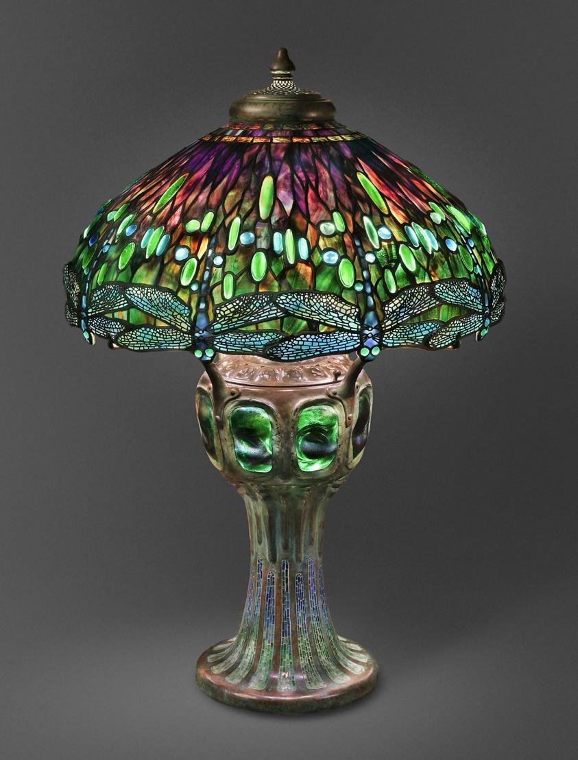 Lamp with “Hanging Head Dragonfly” Shade and “Mosaic and Turtleback” Base