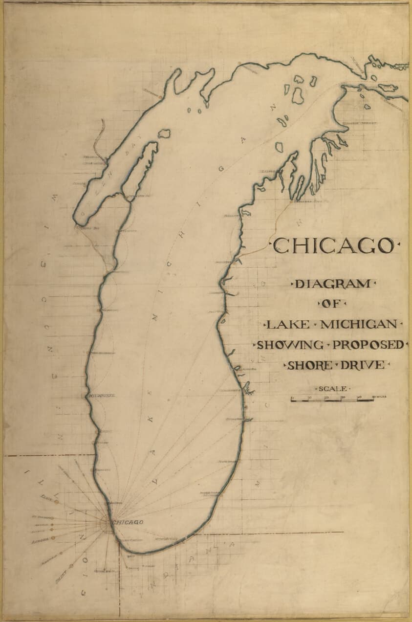 Plate 35 from Plan of Chicago 1909: Chicago, and Diagram of Lake Michigan. Proposed Roadway to connect all the towns along the shores of the Lake.