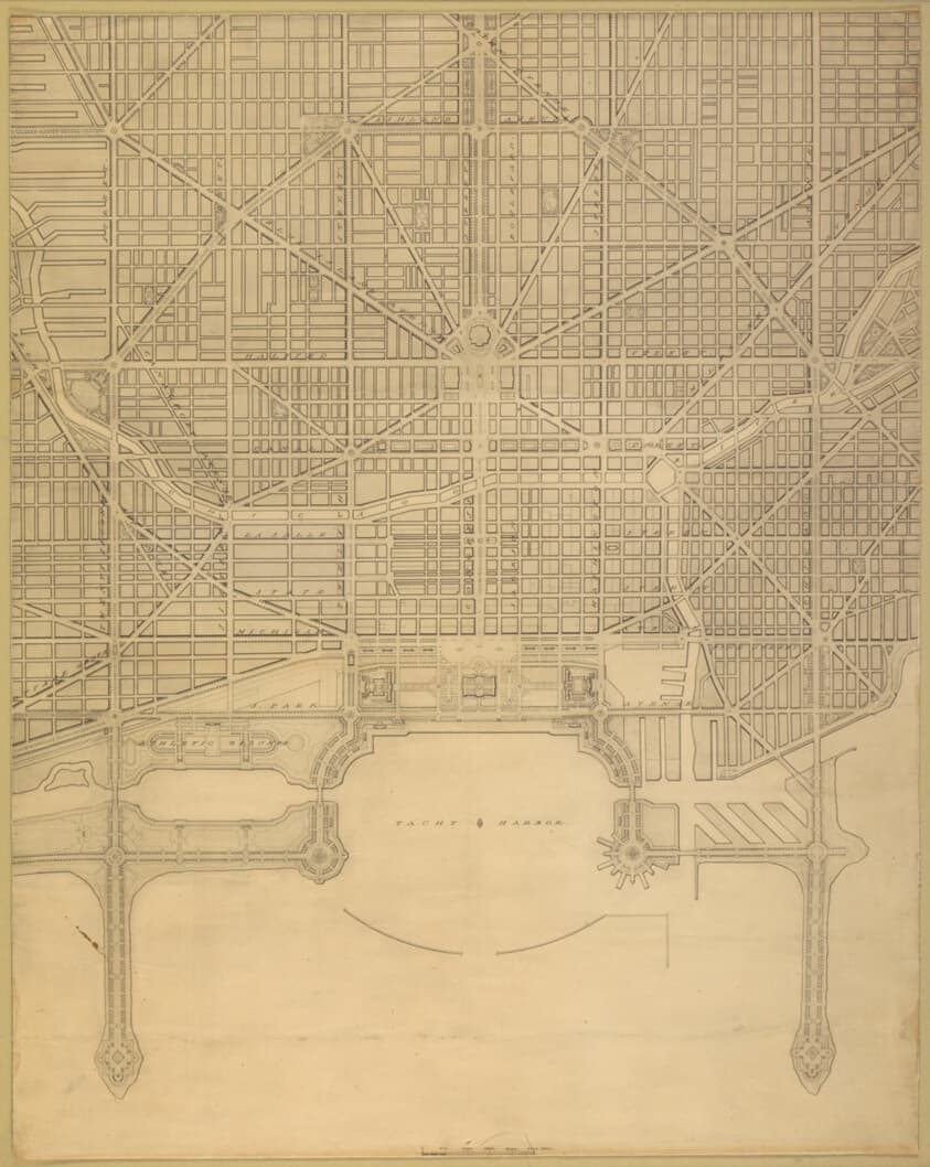 Plate 110 from The Plan of Chicago, 1909: Chicago. Plan of the Complete System of Street Circulation; Railway Stations; Parks, Boulevard Circuits and Radial Arteries; Public Recreation Piers, Yacht Harbor, and Pleasure-Boat Piers; Treatment of Grant Park; the Main Axis and the Civic Center, Presenting the City as a Complete Organism in which All its Functions are Related One to Another in such a Manner that it will Become a Unit