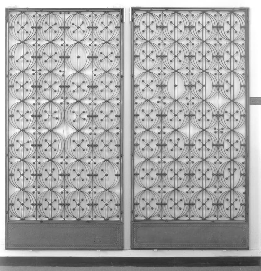 Chicago Stock Exchange Building: Two Elevator Enclosure Grilles, with Base Plates and Side Support Bars