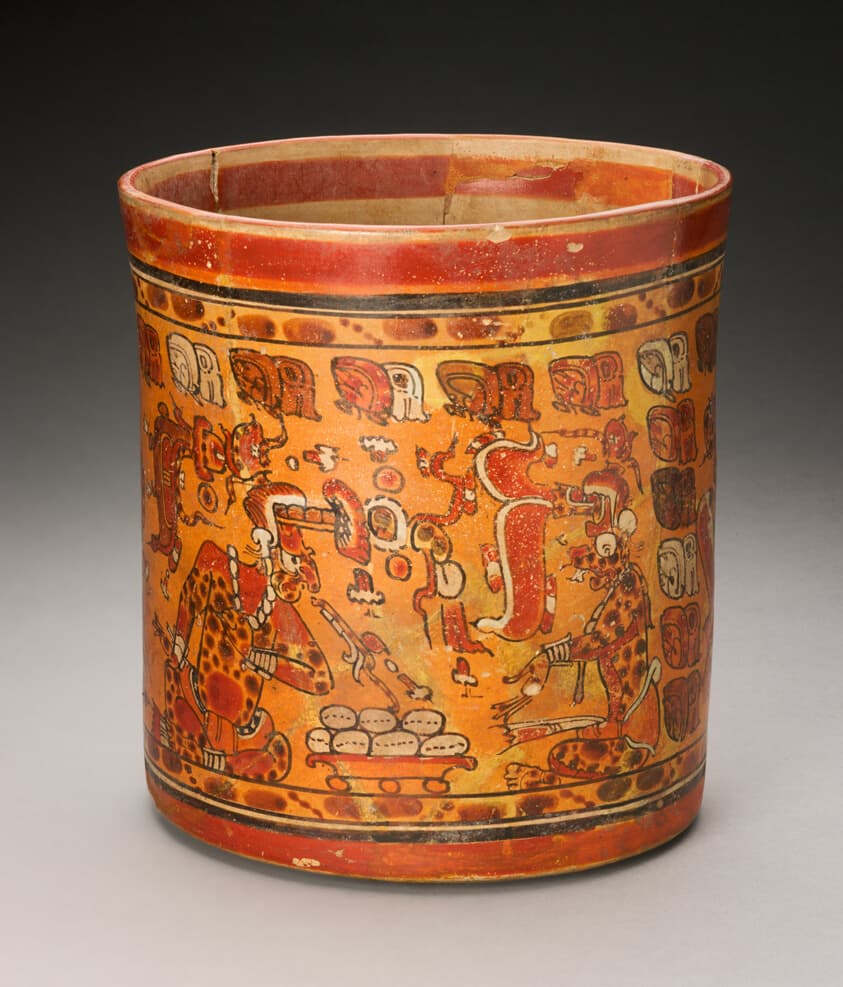 Vessel Depicting K'awiil (God K) and Itzamna Exchanging Gifts