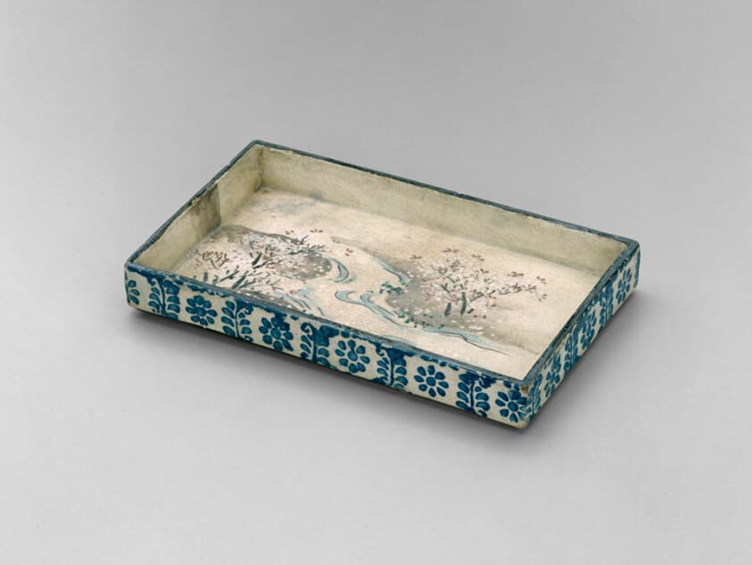 Dish with Design of Landscape with Blossoming Trees