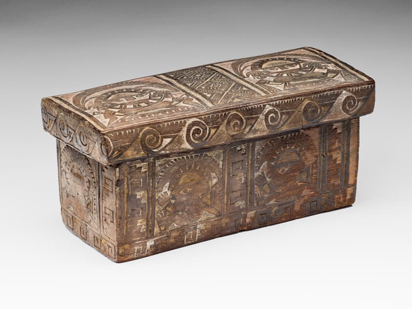 Carved Box Incised with Figures, Birds, and Textile Patterns