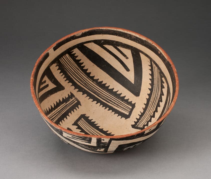 Bowl with Radiating Striped Bands and Triangles and Interlocking Zigzag on Exterior