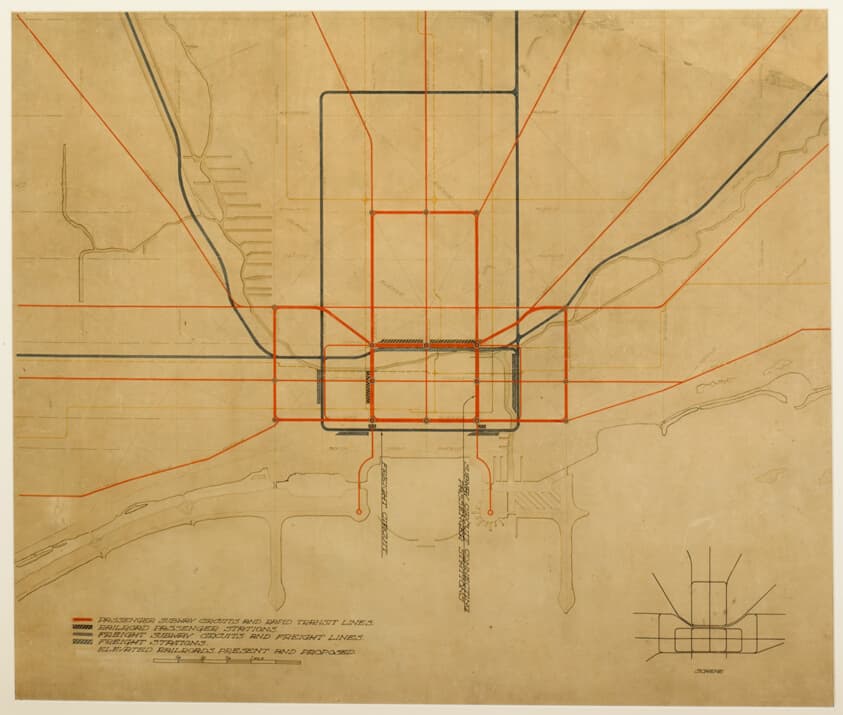 Plate 75 from The Plan of Chicago, 1909: Chicago. Diagram of the City, Showing Complete System of Inner Circuits