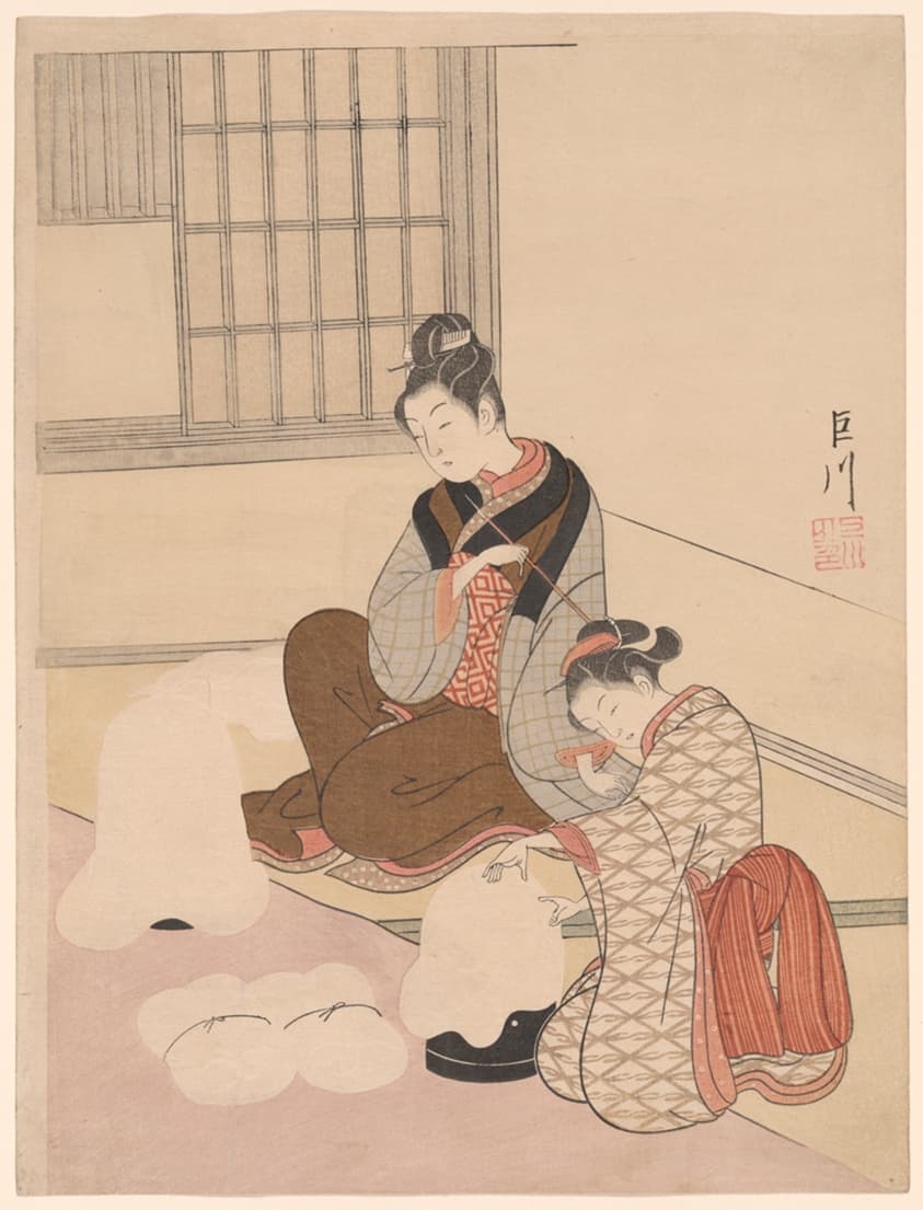 Evening Snow on a Floss Shaper (Nurioke no bosetsu), from the series "Eight Views of the Parlor (Zashiki hakkei)"