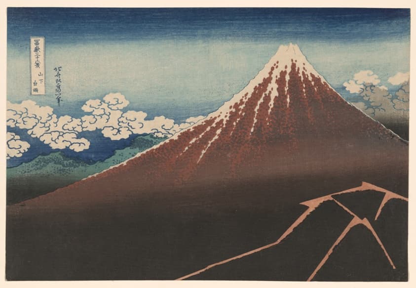 Shower Below the Summit (Sanka hakuu), from the series "Thirty-Six Views of Mount Fuji (Fugaku sanjurokkei)"