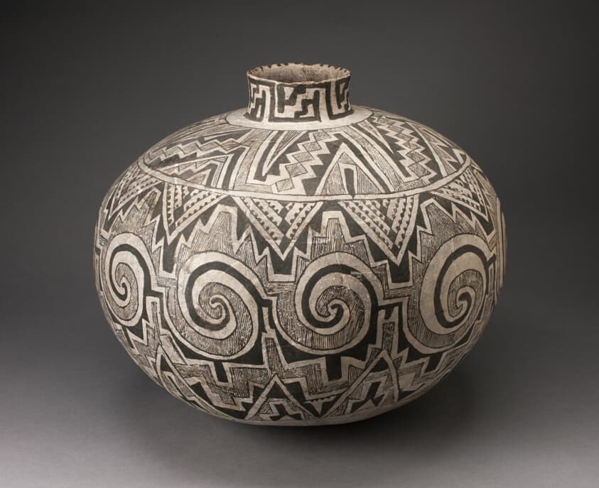 Storage Jar (Olla) with Black, White, and Hathed Linked Scrolls, Triangles, and Stepped Motifs