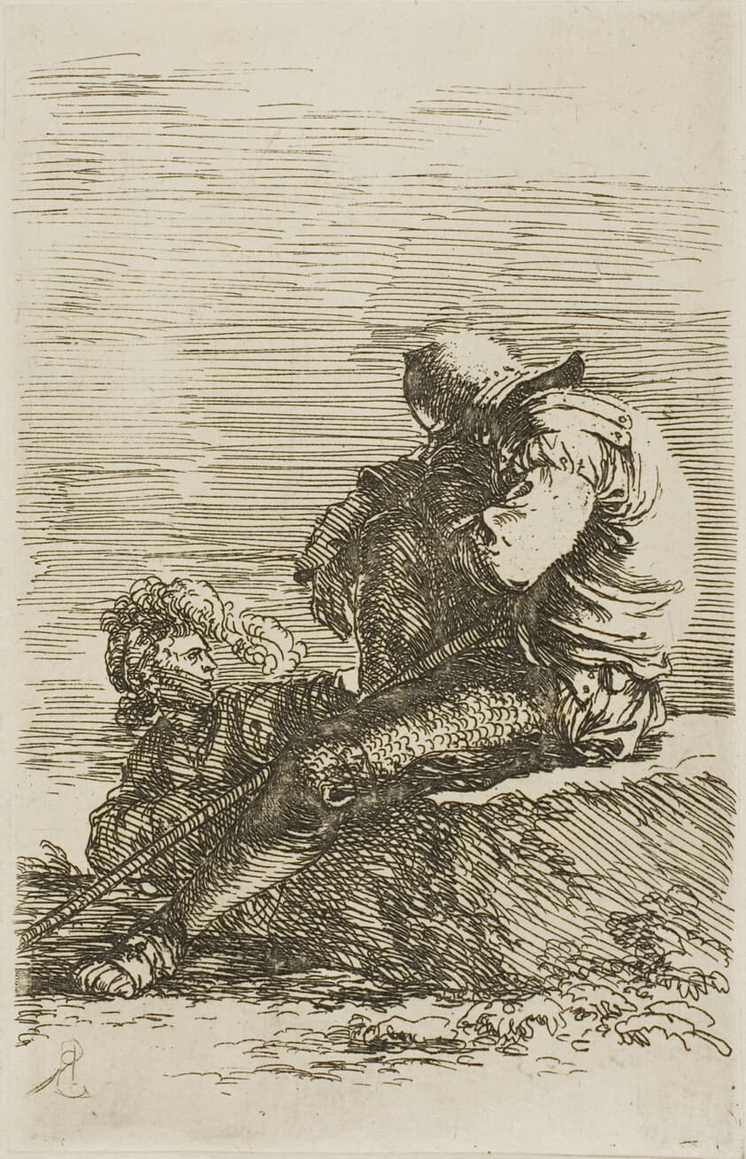 Two warriors, one seated asleep on a foreground rock, from Figurine series