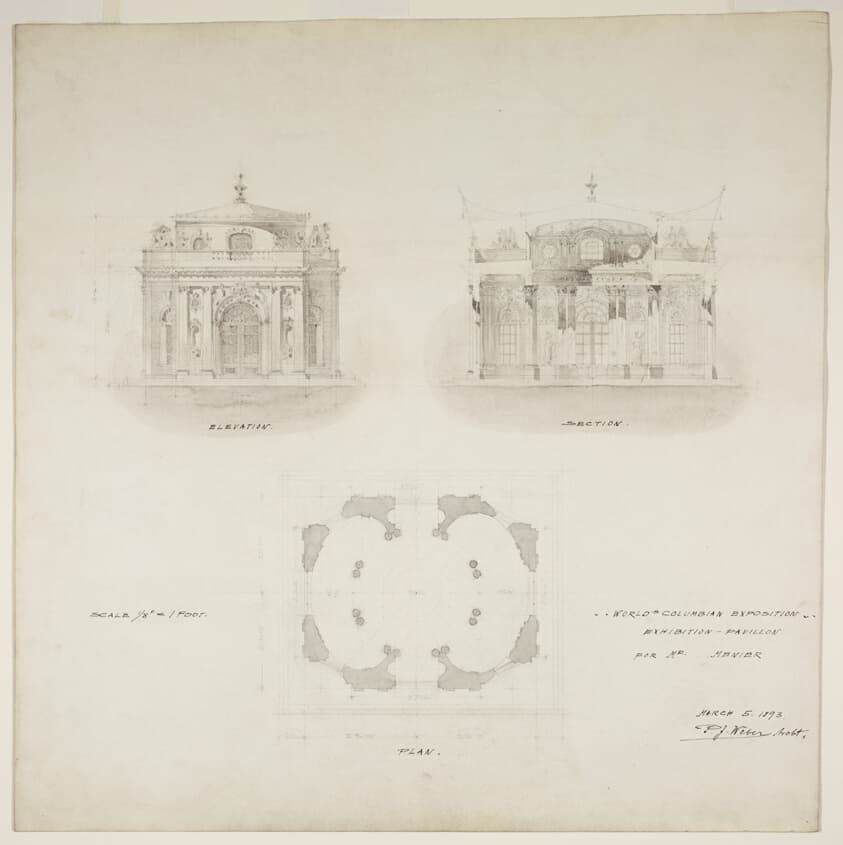 World's Colombian Exposition Chocolate-Menier Pavilion, Chicago, Illinois, Plan, Elevation, and Section