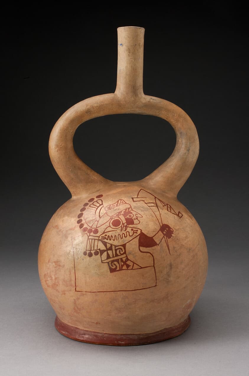 Stirrup Spout Vessel with Fineline Enthroned Warrior Motif