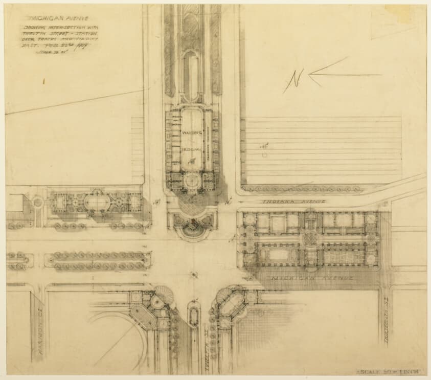 Plate 119 from The Plan of Chicago, 1909: Chicago. Sketch Plan of the Intersection of Michigan Avenue and Twelfth Street