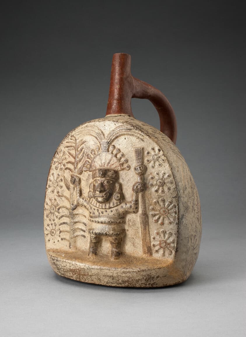 Handle Spout Vessel with Relief Depicting a Standing Figure, Holding Farming Tools