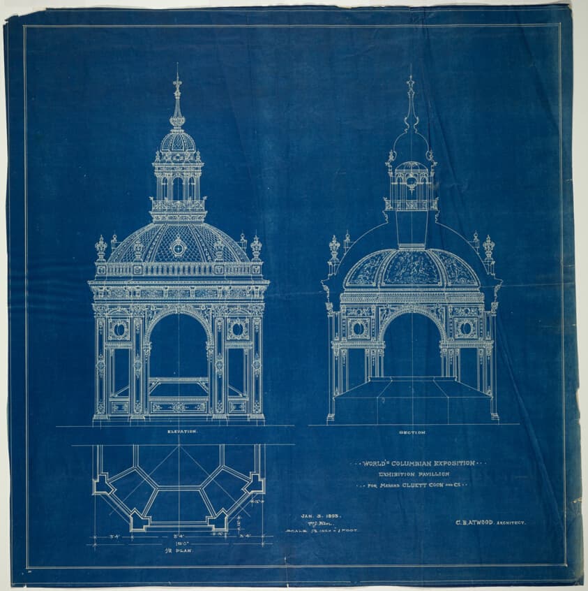 World's Columbian Exposition Cluett Coon & Co. Exhibition Pavilion, Chicago, Illinois, Plan, Elevation, and Section